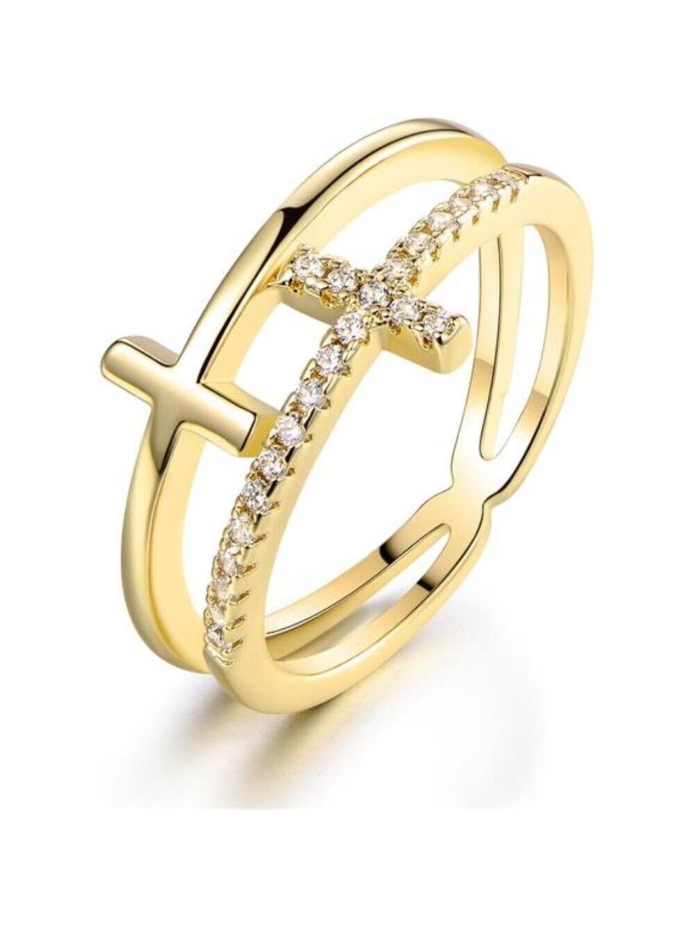 Gold Plated Double Cross Ring Cubic Zirconia Adjustable Fashion Jewelry Gift